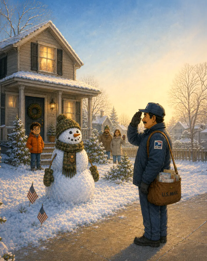 A mail carrier salutes the snowman while Lucas and his neighbors watch